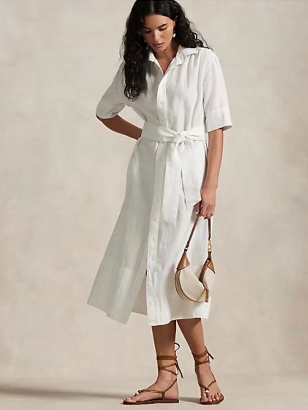 Polo Ralph Lauren Linen Shirt Dress White Belted Button Front Size 4